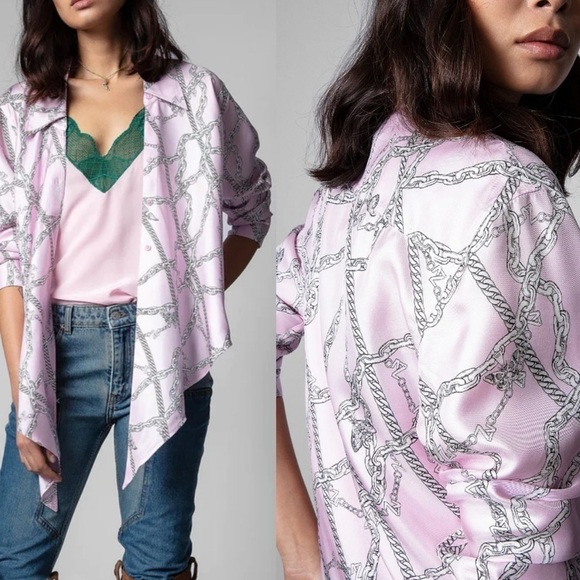 Zadig & Voltaire Toupy Twill Chaines Skull Printed Silk Tie Blouse Chain… - Picture 3 of 15